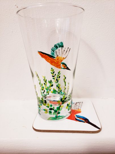 Kingfisher glass painting on a tumbler with a kingfisher coaster