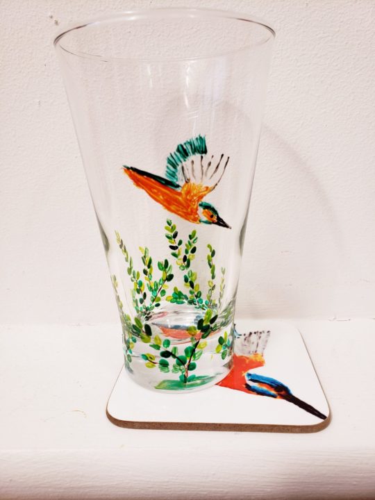 Kingfisher glass painting on a tumbler with a kingfisher coaster