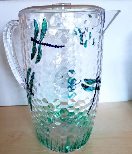 Picnic jug with lid and original dragonfly glass painting