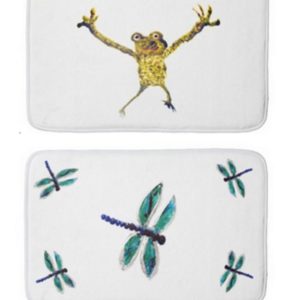 Custom bath mats showing a frog with text and a blue dragonfly bath mat