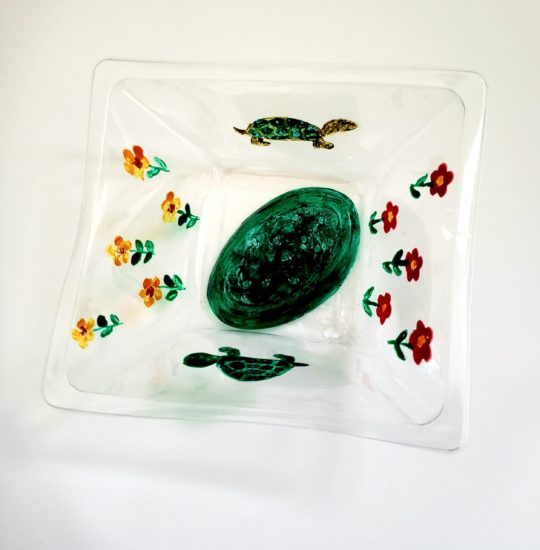 Decorative dish, recycled plastic, hand painted with flowers and two tortoise