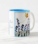 Two tone custom mug with bluebells and butterfly. Includes text Best Gran
