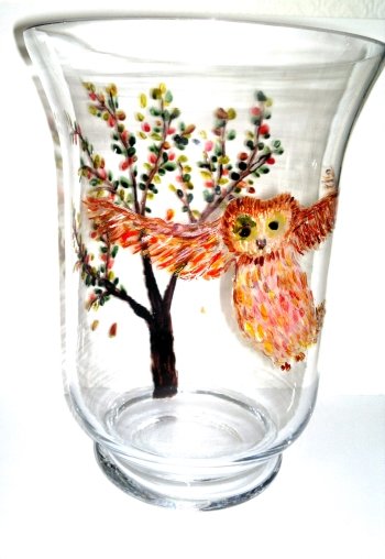 Glass vase hand painted with an owl and Autumnal tree