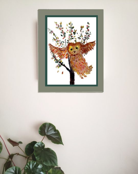 Owl art print with a colourful owl flying in front of an Autumn tree