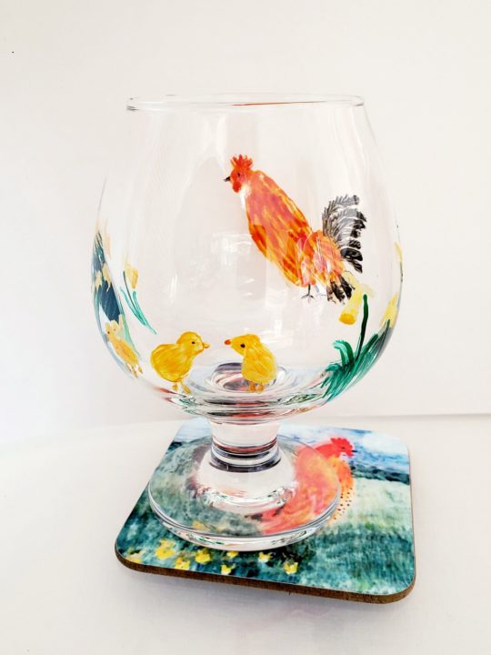 Hand painted wine glass and coaster set with chickens and yellow Spring flowers