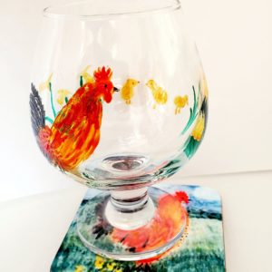 Spring drinkware set with a cockeral, chicks and daffodils original glass painting wine glass. With a matching coaster