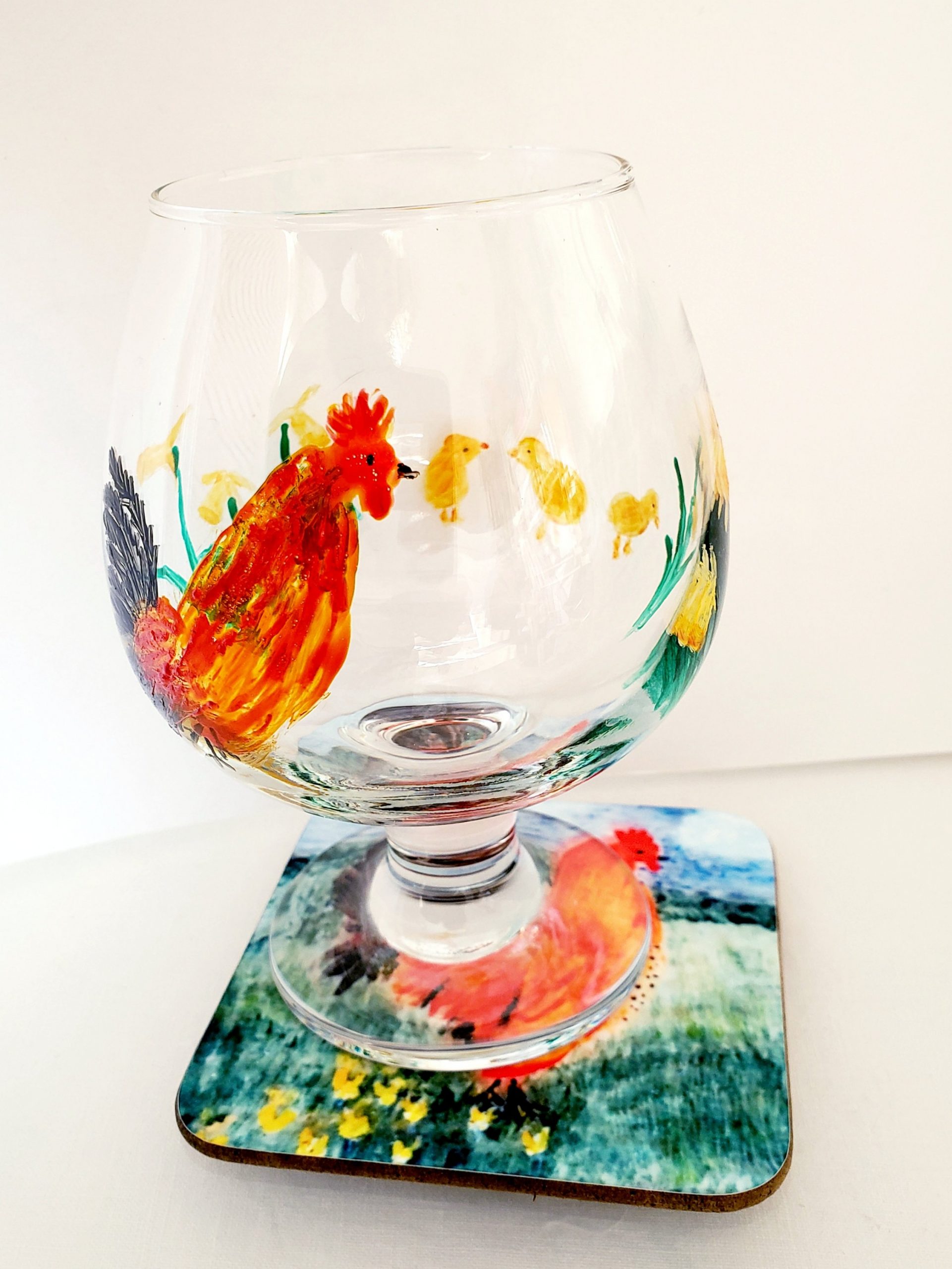 Spring drinkware set with a cockeral, chicks and daffodils original glass painting wine glass. With a matching coaster