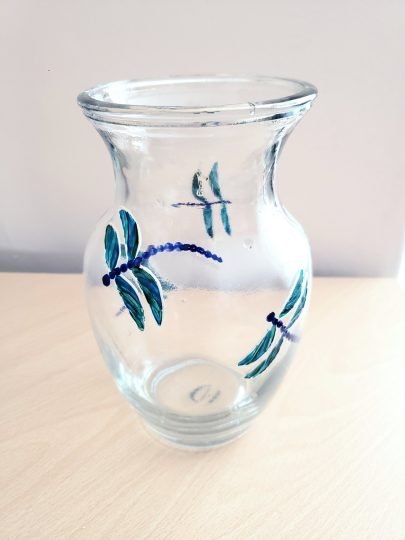 Hurricane glass vase with original blue dragonfly glass painting