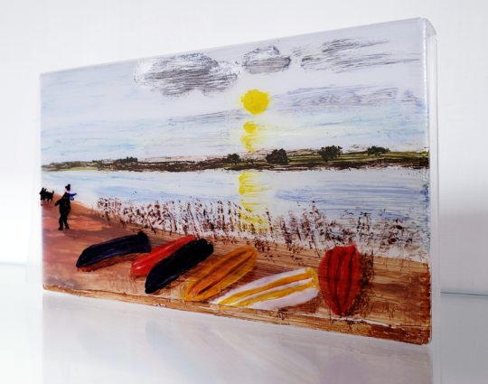 Seaside Painting at sunset, with boats on the seashore and a person with their dog.
