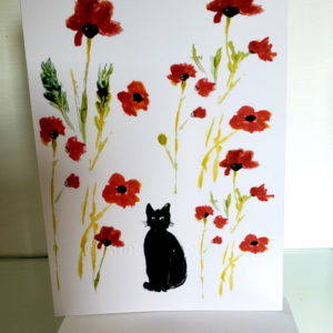 Floral greeting card with a black cat and red poppies