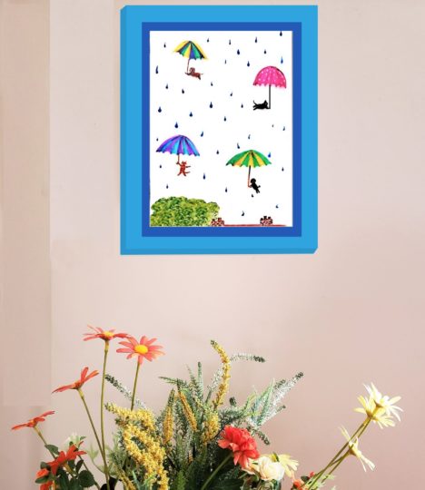 Glass Painting print with cats and dogs falling from the sky with umbrellas in the rain.